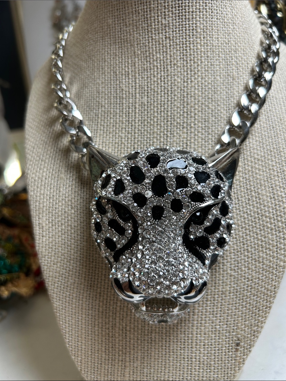 Silver Crystal Leopard Head Statement Necklace - Women Jewelry
